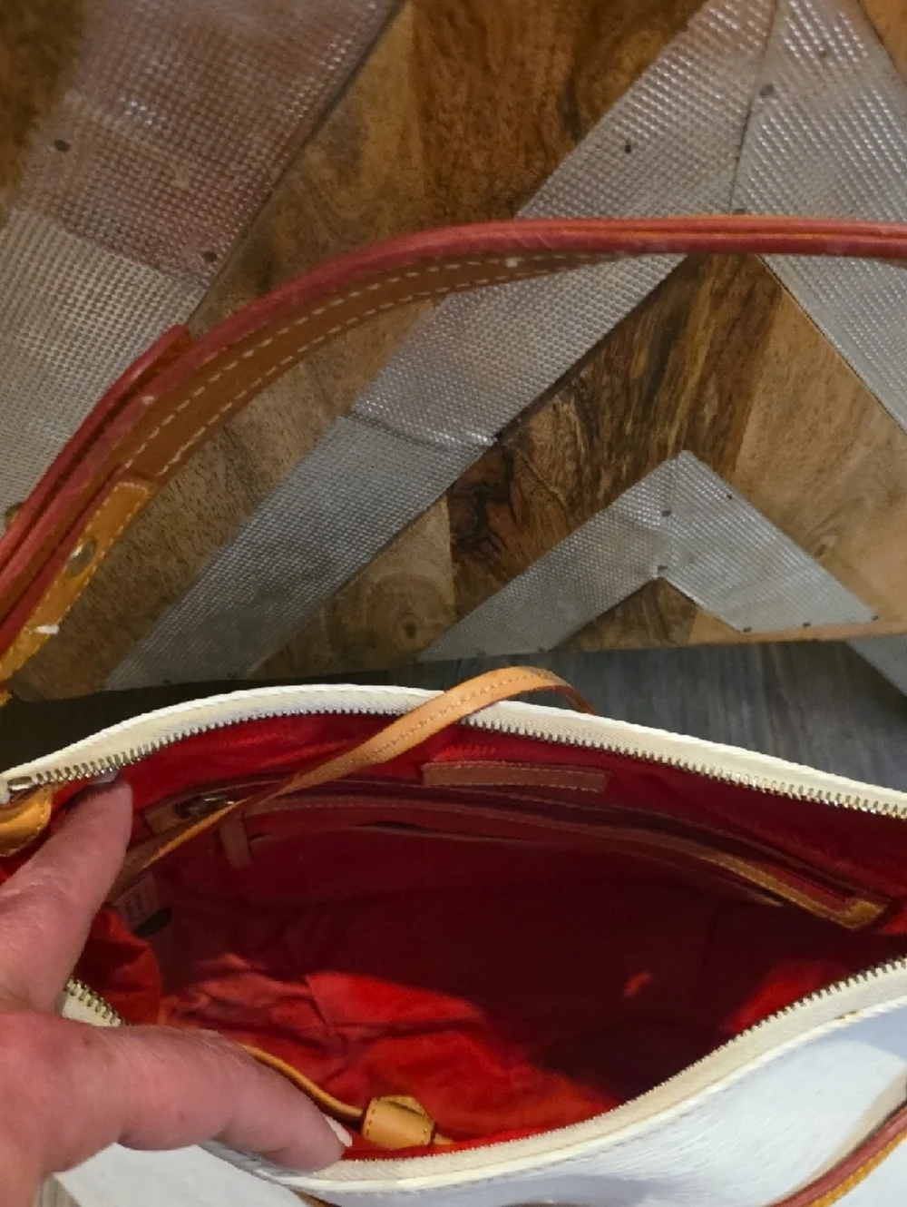 Dooney & Bourke Cream Shoulder Bag with Tan Trim and Brown Strap